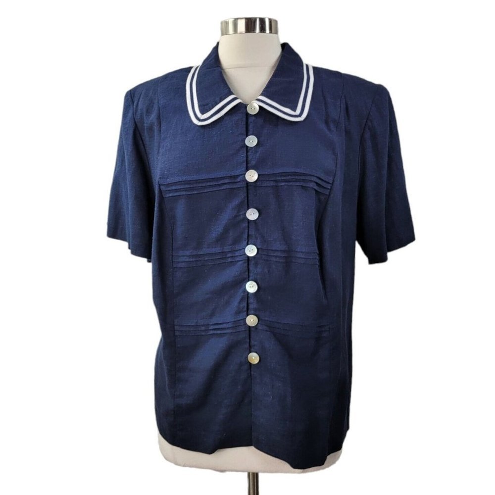 Vintage Button Up Top size 14W Dress shirt Navy Blue Light Dark Academia Linen
